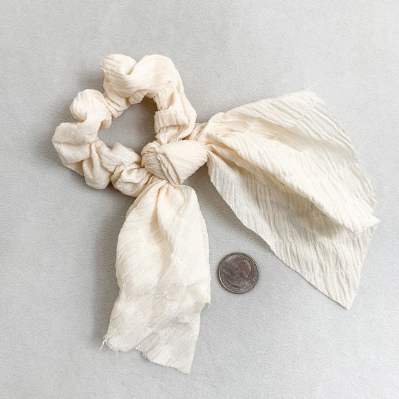 Ivory White Textured Bow Scrunchie - Picture 2 of 3